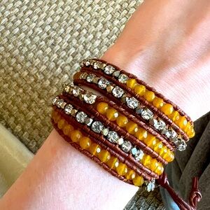 5 Layers Leather Wrap Bracelet with beads and rhinestones